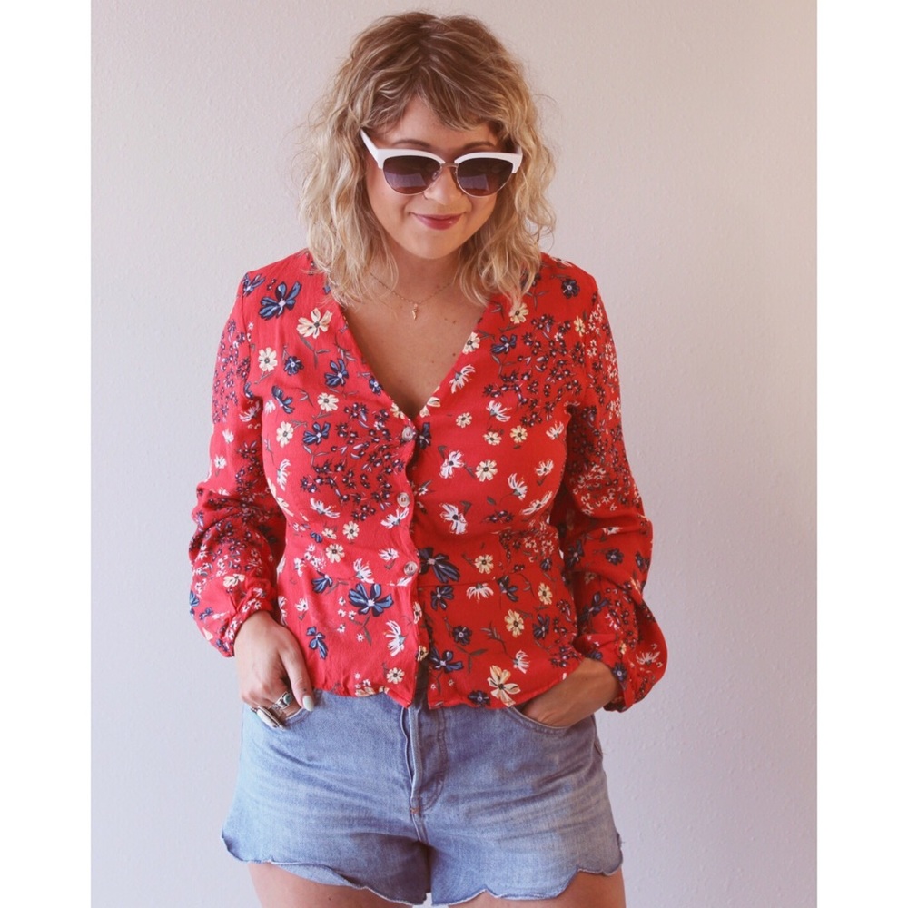 H&M red floral blouse